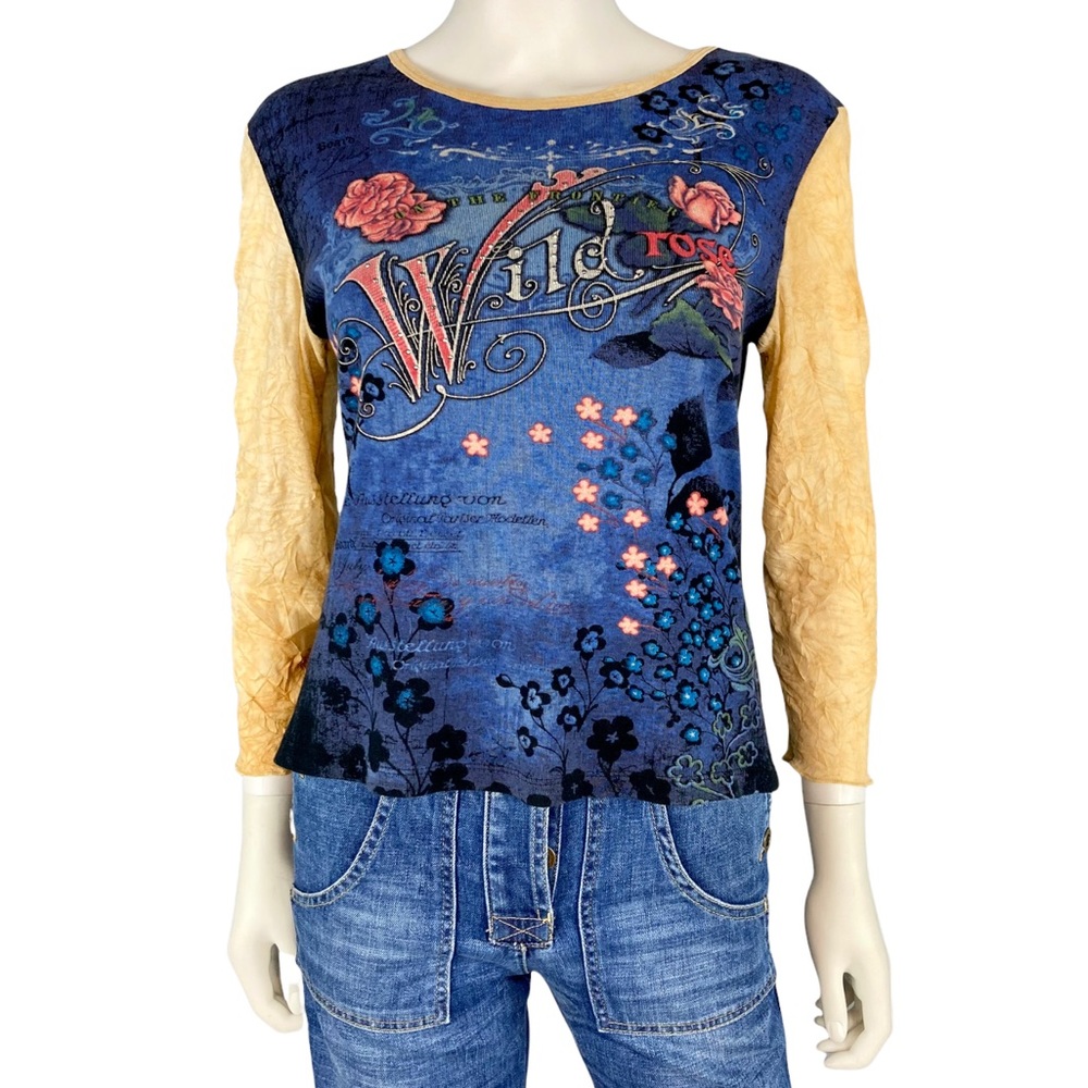 Vintage wild Rose cursive romantic print studded mesh long sleeve shirt Blouse